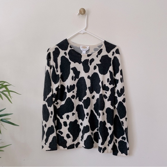 Vintage Cashmere/Silk Blend Cow Print Talbots Crewneck Sweater size L - Picture 2 of 8